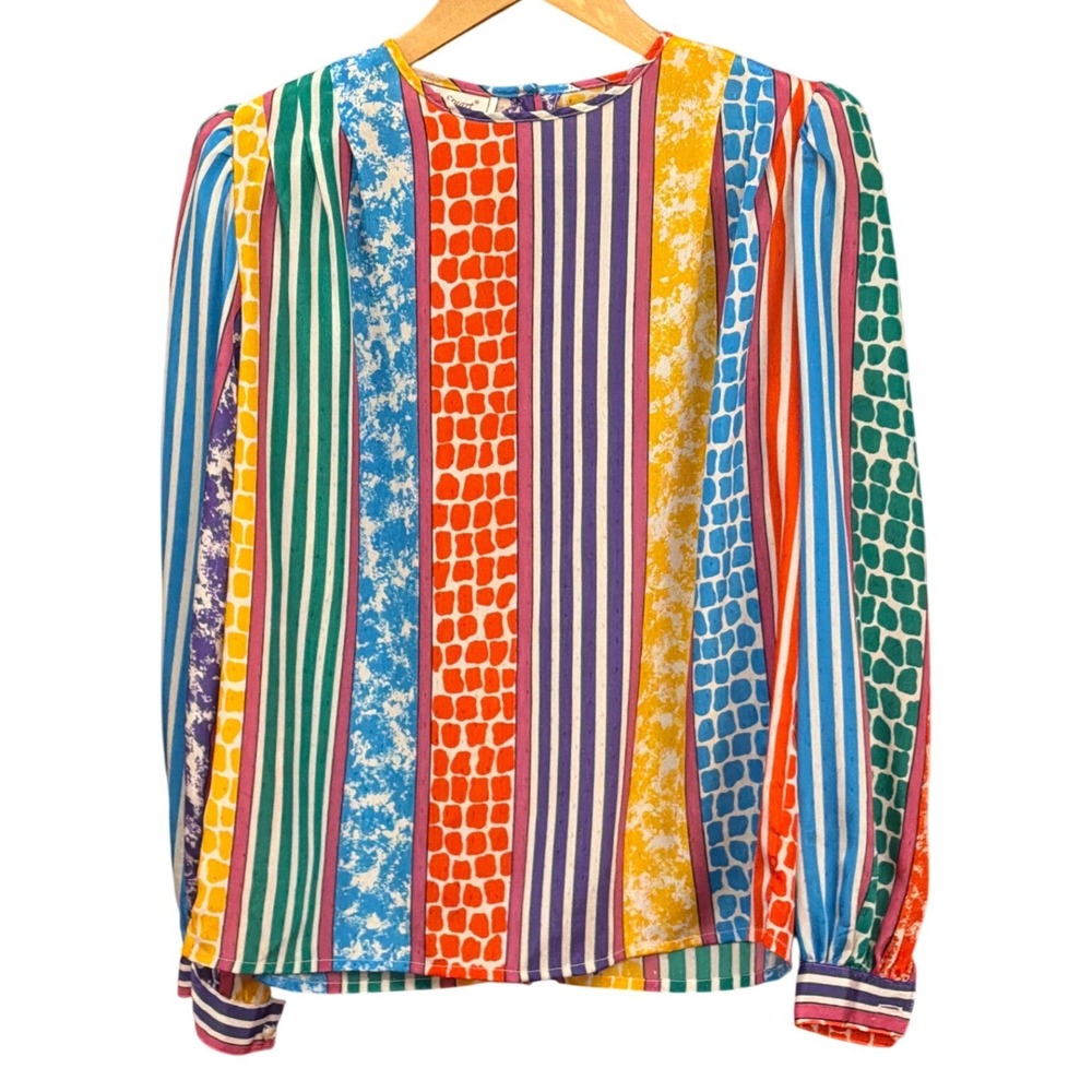 Vintage Michelle Stuart Blouse Maximalist Art To Wear Colorblock Rainbow Print